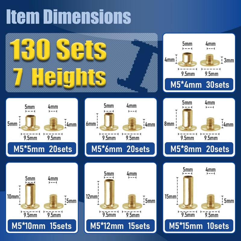 ArcNascency Store 130 Sets Gold Chicago Screws Leather Rivets Kit, 7 Sizes (M5*4,5,6,8,10,12,15) & 3 Screw Lengths (M4*3,4,5) for Belts, Bookbinding, DIY Leather (Gold) - Image 2